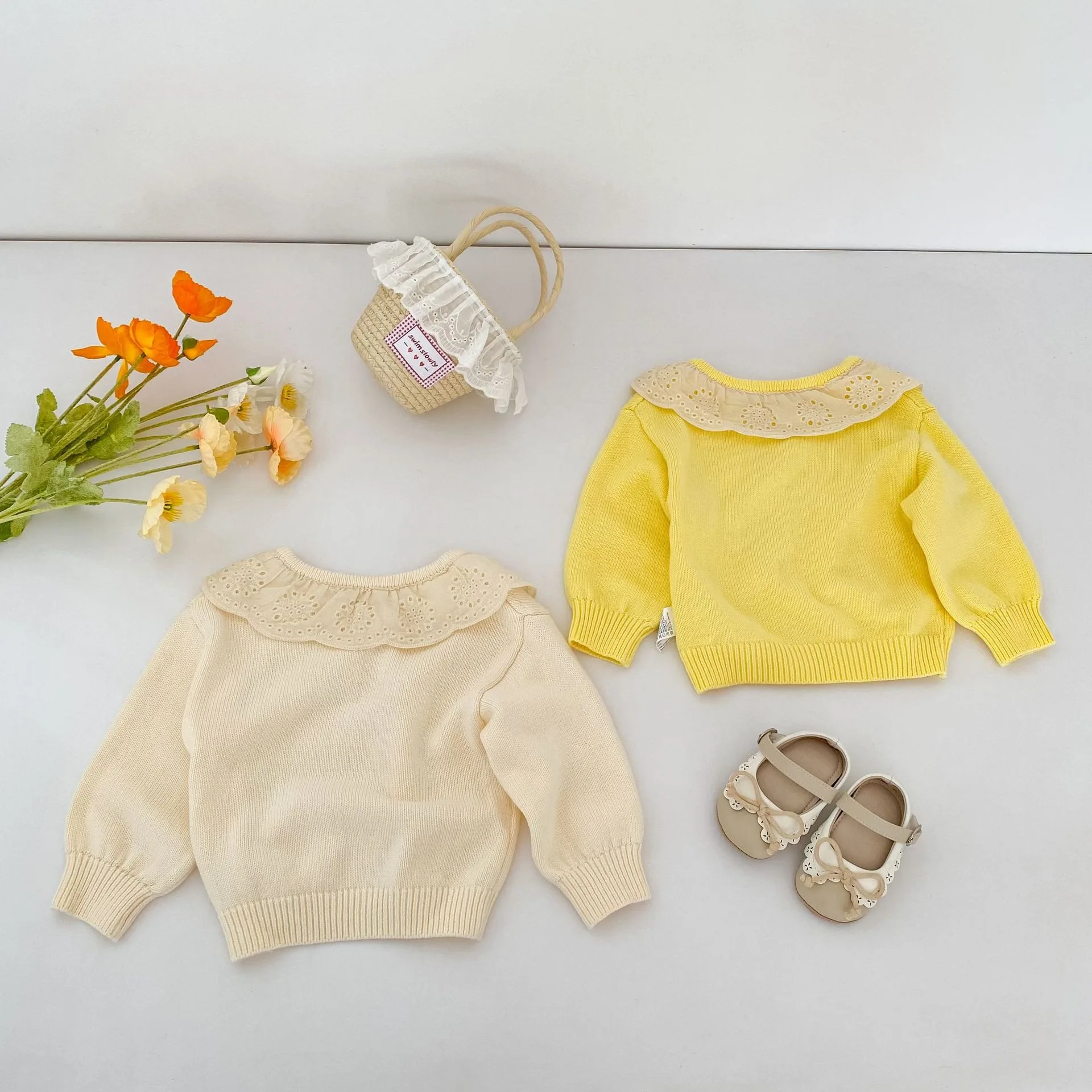 Spring and Autumn Lace Lotus Leaf Collar Knitted Sweater Solid Color Texture Bubble Sleeve Pullover