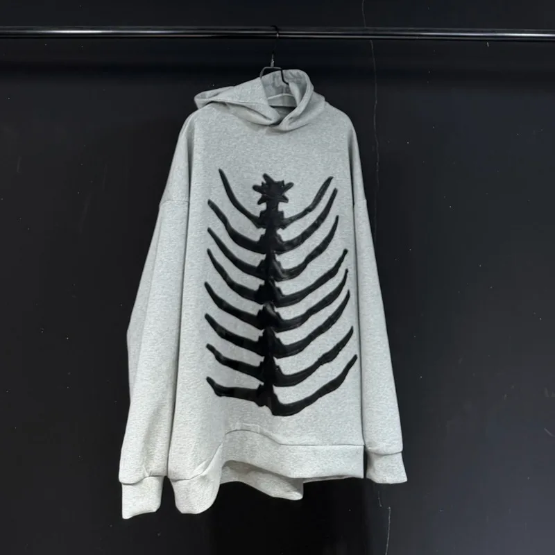 HKSH Spring New Men Tide High Street Style Washed Distressed Hooded Sweatshirt Skeleton Print Women Trend Hoodie Top Ins HK24004