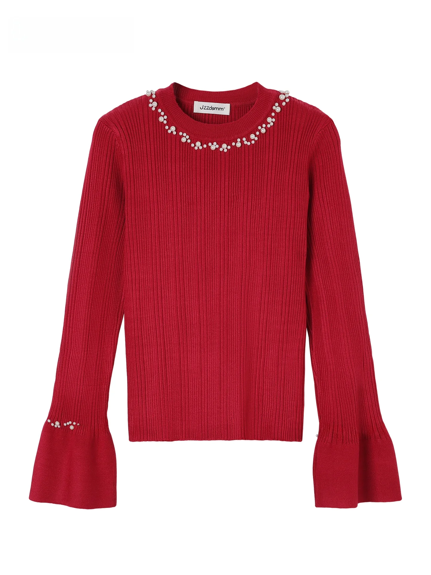 

JZZDEMM Красный вязаный свитер с бисером, женский пуловер с круглым вырезом, мягкий базовый топ во французском стиле, облегающий, с длинными рукавами