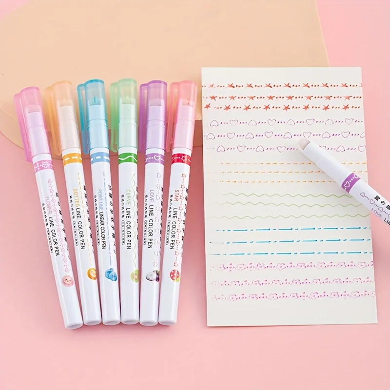 6 stks/set Kawaii Bloem Lijn Vorm Markeerstift Roller Tip Curve Liner Marker Kawaii Koreaanse Briefpapier School Kantoorbenodigdheden