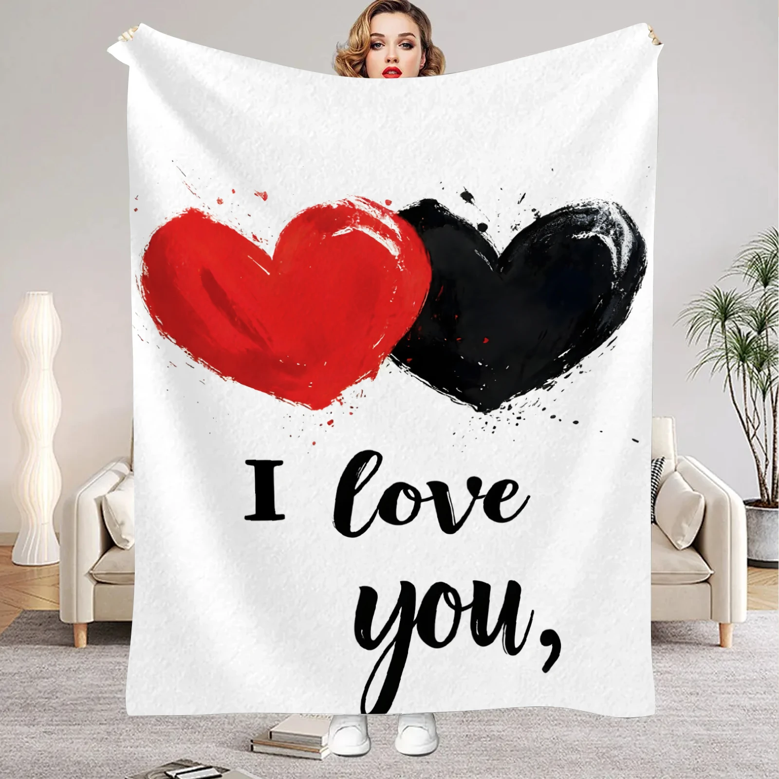 1 Stück weiße Decke, schwarz, rotes Herz, „I LOVE YOU“, bedruckt, bequeme Flanelldecke für Zuhause, Wohnzimmer, Schlafzimmer, Dekoration, Geburtstagsgeschenk