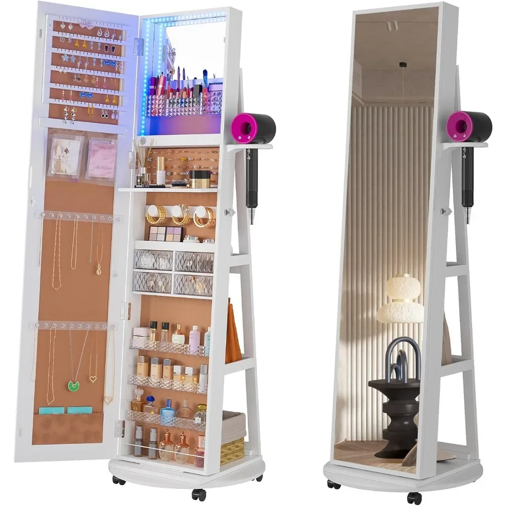 

360 ° Поворотный шкаф для ювелирных изделий с зеркалом, светодиодный зеркальный шкаф для ювелирных изделий, зеркало в полный рост с местом для хранения ювелирных изделий, стоячее