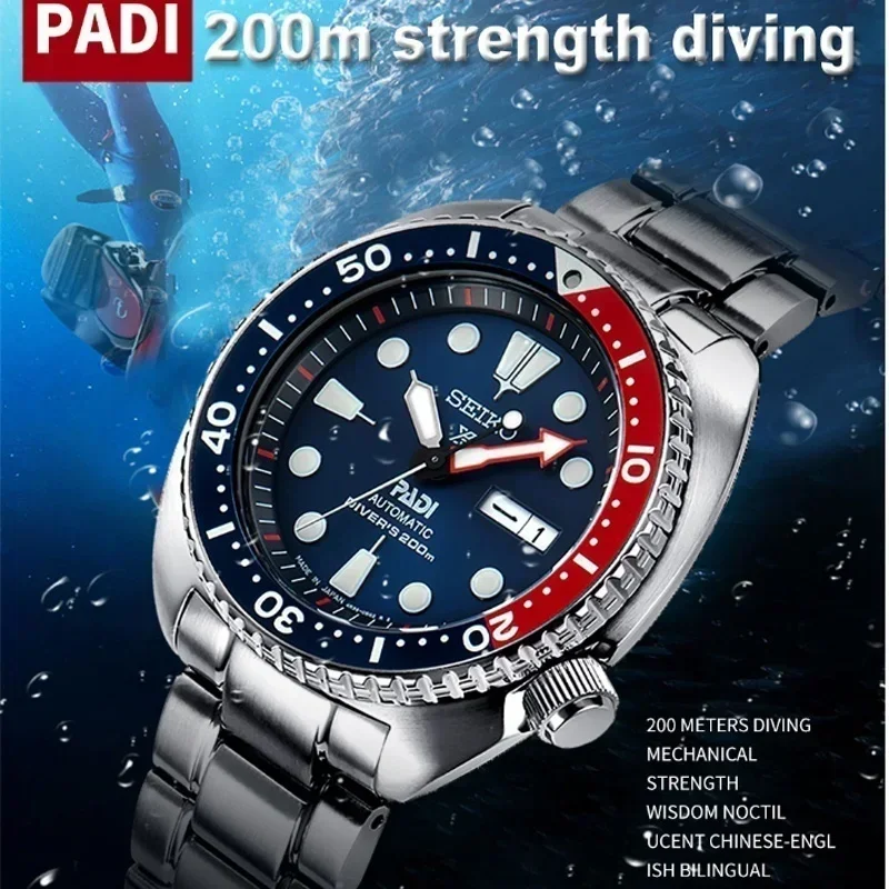 ساعة Seiko للرجال PADI SRPE99 Water Ghost أوتوماتيكية ميكانيكية ساعة غوص بحزام فضي وإطار أزرق وأحمر