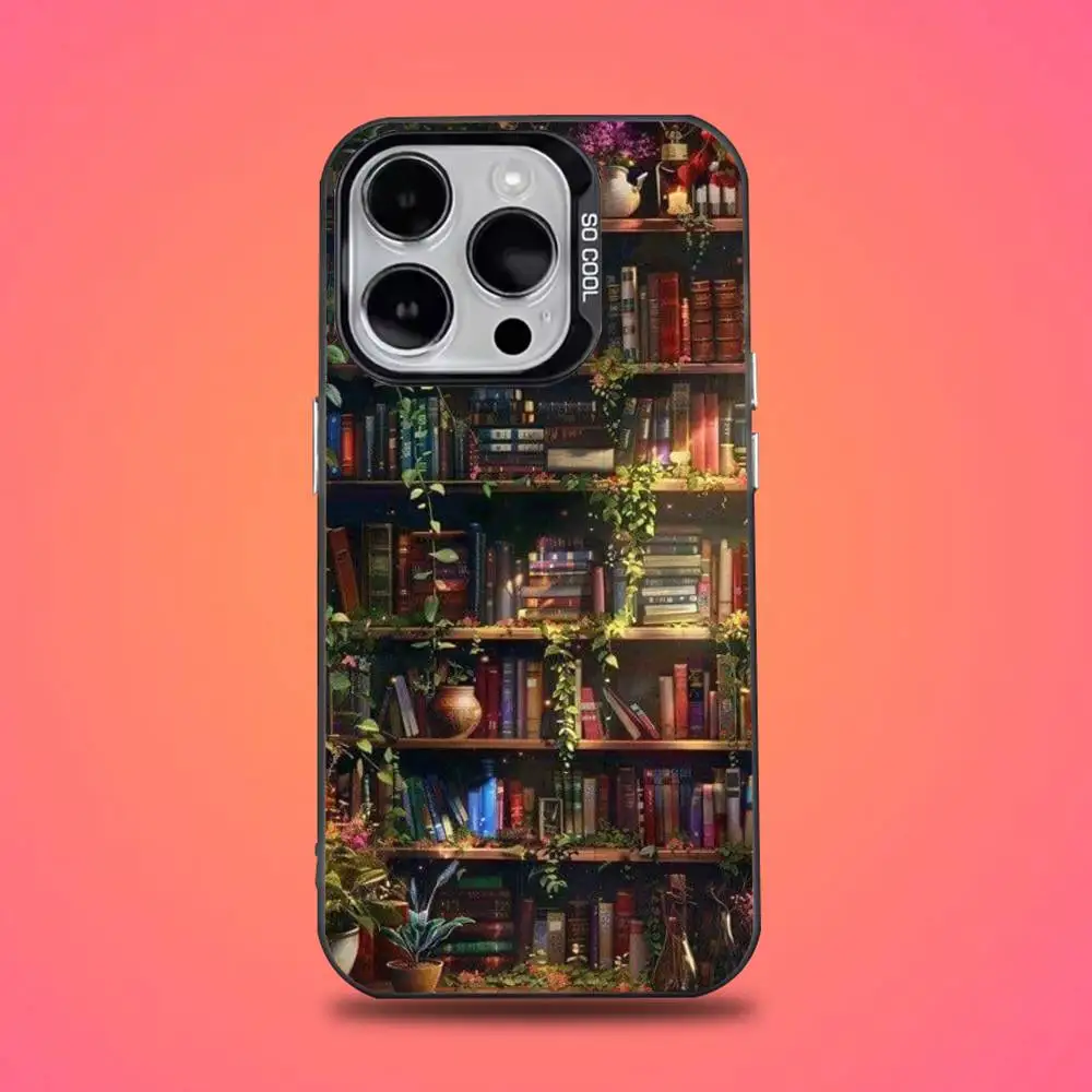 Kreative Bücherregal-Handyhülle für iPhone 16,15,14,13,12,11, Mini, Pro, E, SE4, XS, MAX, schwarze Candy-Matte-Abdeckung
