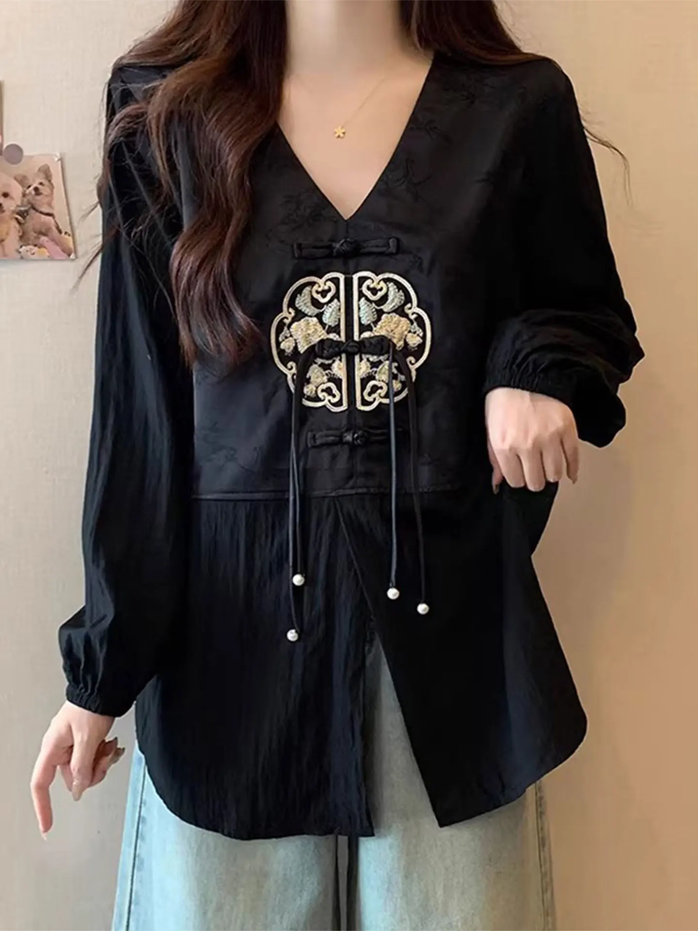 

Loose Bla V-Ne Long Sve Women's irt Spring 2026 Casual Sle plus Size Cover Belly Versatile Top New Chinese Retro