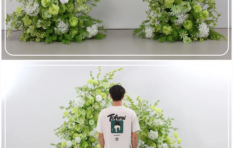 Künstlicher grün-weißer Blumenbogen aus Ochsenhörnern, Hintergrund für Hochzeitszeremonien, gewölbter Blumenrahmen, Arrangement für Party- und Eventdekoration. – Detail 2
