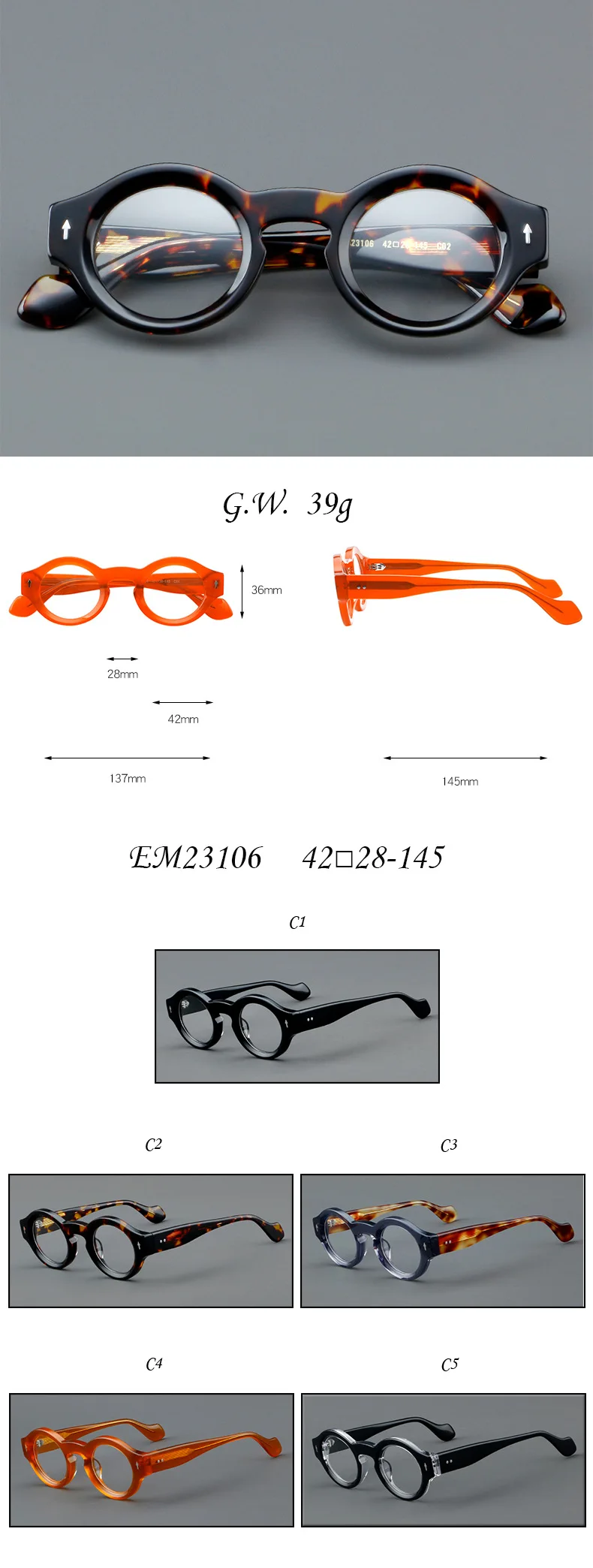VCKA Runde Acetat-Myopie, Anti-Blau, Verfärben, Brille, Vintage-Stil, für Herren, verschreibungspflichtige Intensivierung, individuelle Optik, Brillen – 0,50 bis -10 – Detail 1