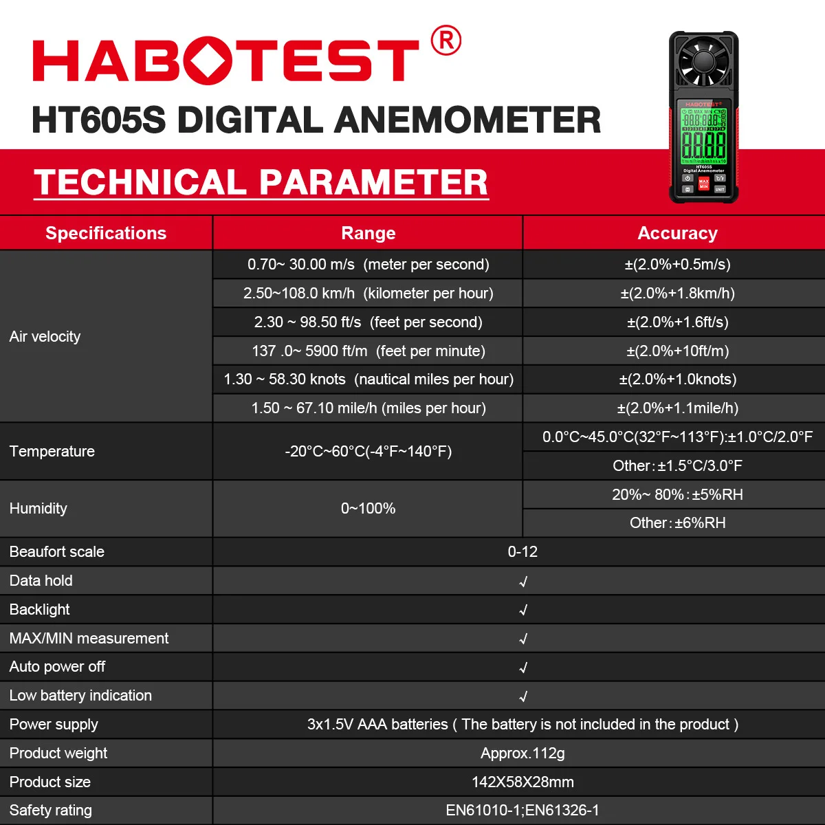 HT605S Digital Anemometer 0-12 Beaufort Scale Wind Speed Meter Air Flow Meter Air Velocity Gauge Temperature Humidity Meter