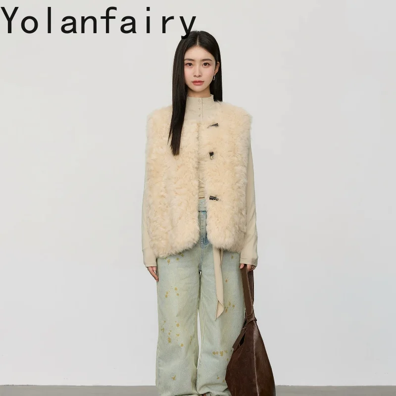 YOLANFAIRY Luxury 100% Real Fur Coat Woman Sleeveless Vest Elegant Natural Sheepskin Shearling Jacket Short Waistcoat abrigos
