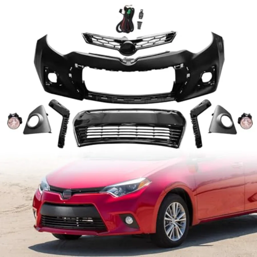 

Front Bumper with Fog Lights and Upper Lower Grille for 2014-2016 Corolla Sedan S SE Black Plastic Impact Resistant