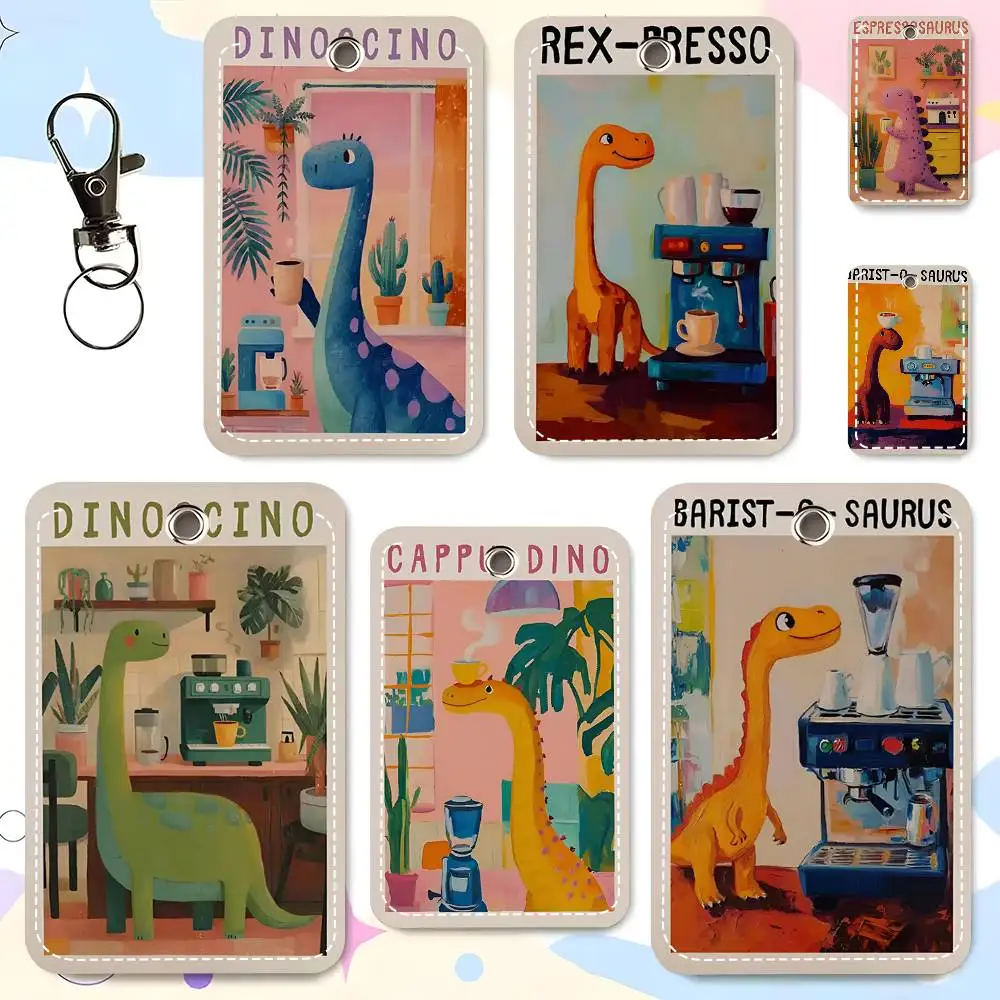 1pc Cute Coffee Dopamine Dinosaur Card Case Keychain Access Card Bag Key Tag Ring Leather Card Holder Key Ring Access