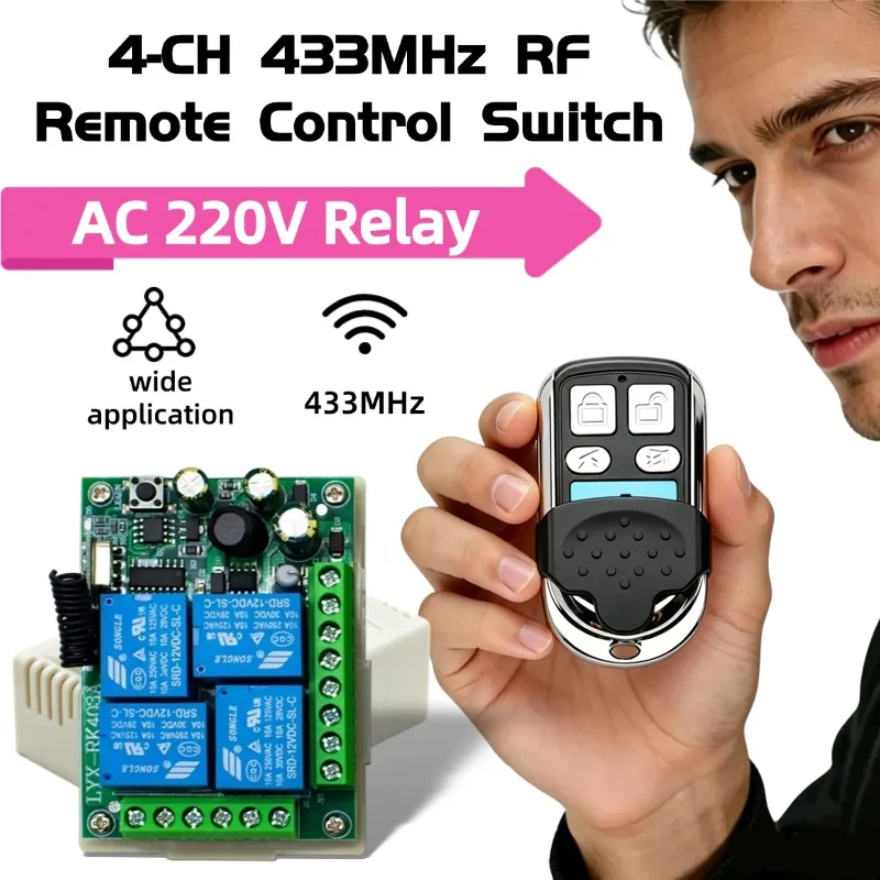 AC 110V 220V 4 Channel Wireless Control Relay Switch RF 433MHz Remote Transmitter Universal for Garage Doors Opener,LED Light