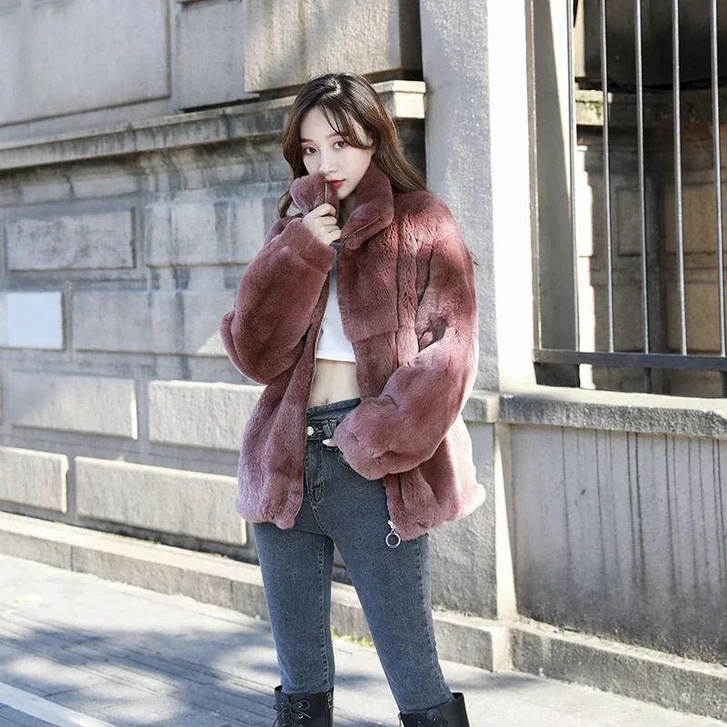 2021 New Rex Rabbit Fur Coat Women Elegent Fur One Fur Jacket for Women Warm Winter Outwear Solid Casacos De Inverno Feminino FC