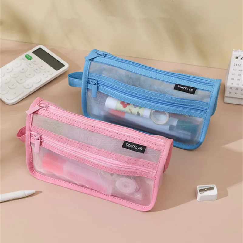 Simple Visible Mesh Makeup Brushes Storage Bag Large Capacity Students Stationery Organizer Bags Colored Nylon Mesh Pencil Case image 3