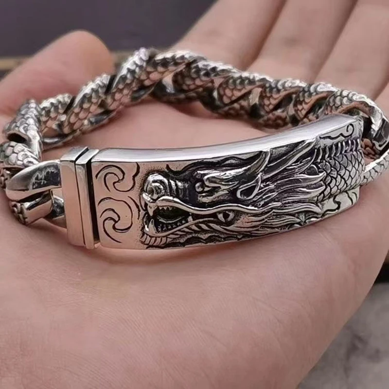 Domineering Longtou Original Retro Silver Bracelet Male Jewelry Dragon Scale Chain for Men Party Birthday Hip Hop Gift