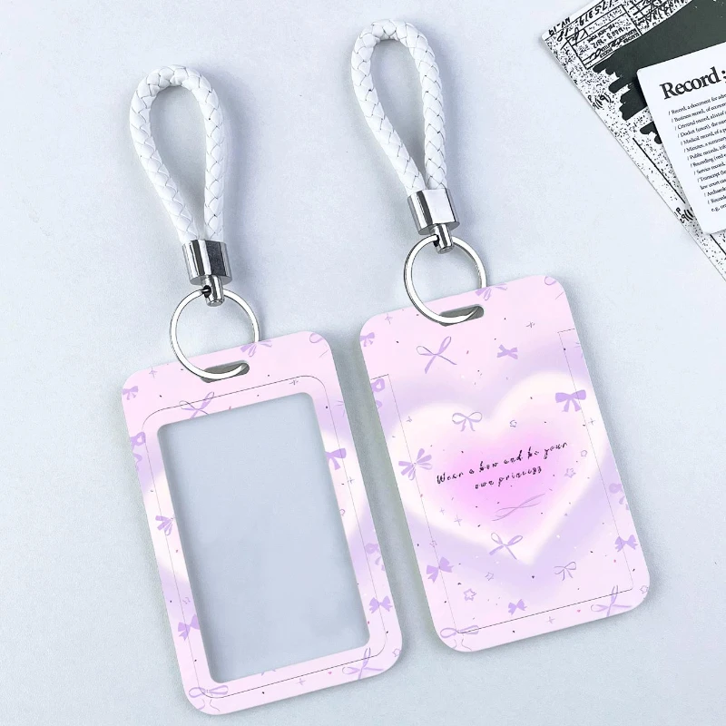 Romantic Heart Purple Student Campus Lanyard Cards Holder Women Badge Holder Keychain Bus Card Protective Case Photo Protector