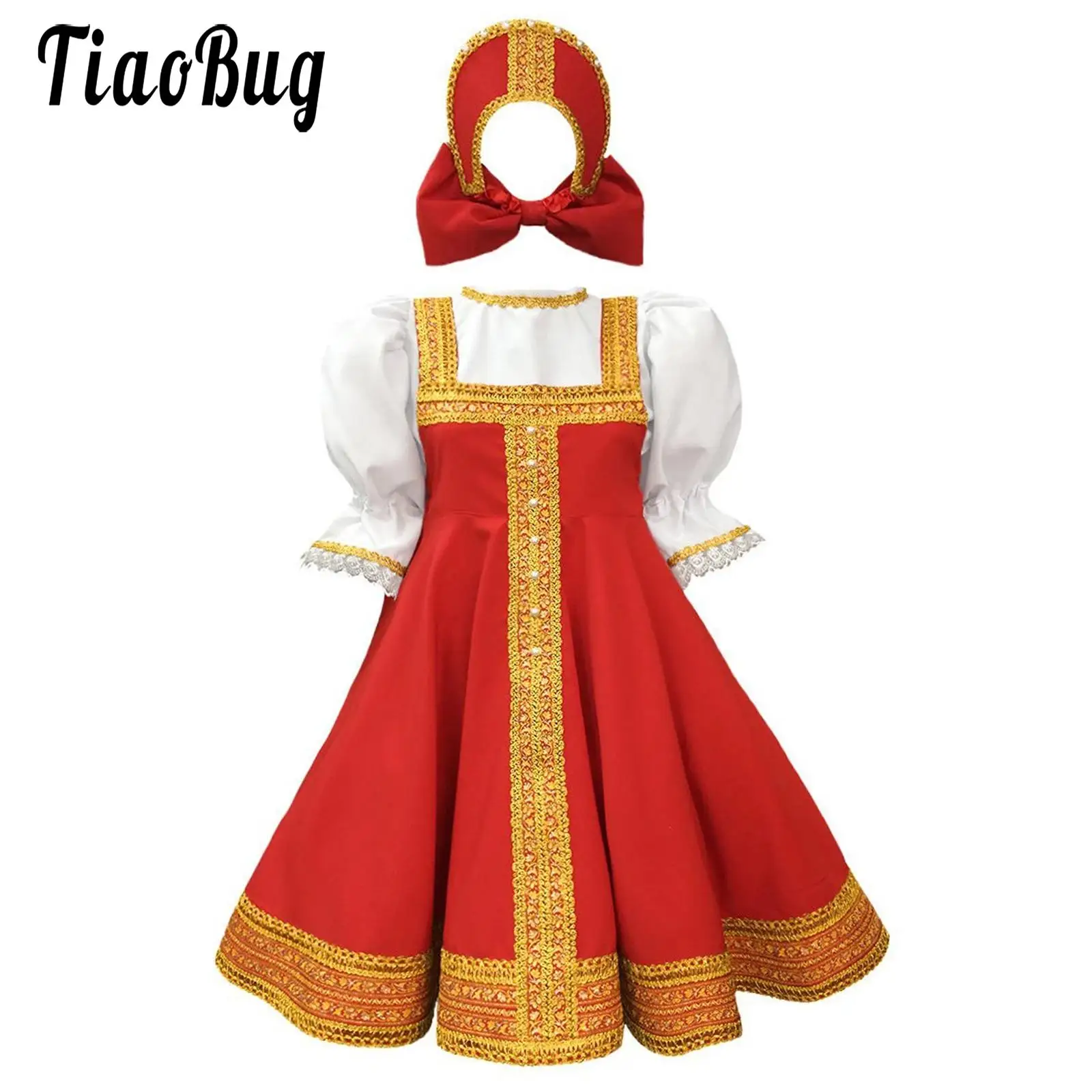 Little Girls Princess Party Dress with Headdress Russian Traditional Costume Puff Sleeve Long Dress Princess Birthday Dresses