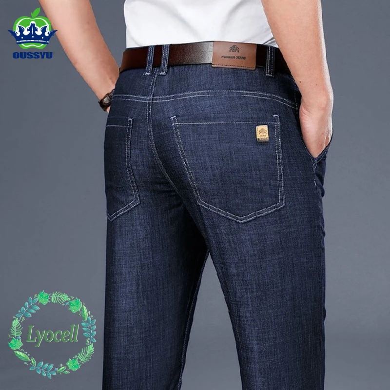 

Brand Clothing High Quality Summer Lyocell Fabric Men's Jeans Straight Classic Business Denim Pants Trousers Father's Day Gift