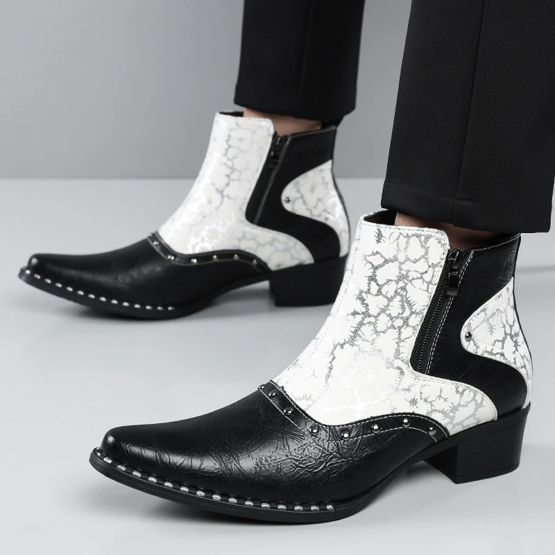 mens casual stage nightclub chelsea boots slip-on printed shoes cowboy natural leather boot designer pointed toe ankle botas man