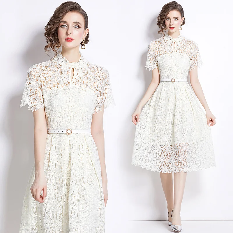 Niche High-end Hook Flower Hollow Temperament Dresses Women's Summer New Stand Neck Sashes Slim Fit Casual Lace Dress Trend