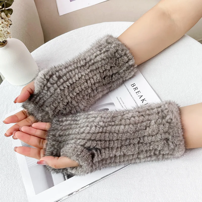 2024 New Women Fashion 100% Genuine Knitted Mink Fur Fingerless Glove Winter Mink Fur Mittens For Lady Elastic Real Fur Gloves