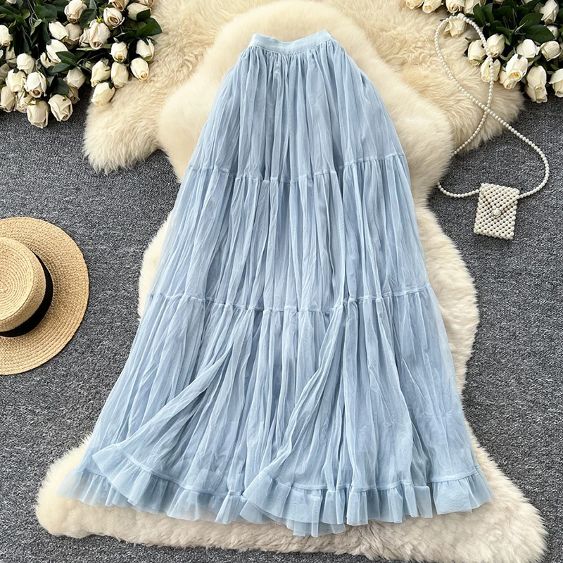 Elegant Solid Color A Line Mesh Skirts Women 2026 Elastic High Waist Tulle Long Skirt Woman Korean Patchwork Ruffles Skirts