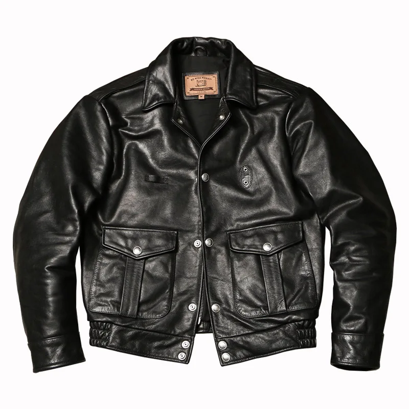 Black Autumn Leather Jacket Men American Retro Style Plus Size 5XL Genuine Natural Cowhide Single Breasted Leather Coat