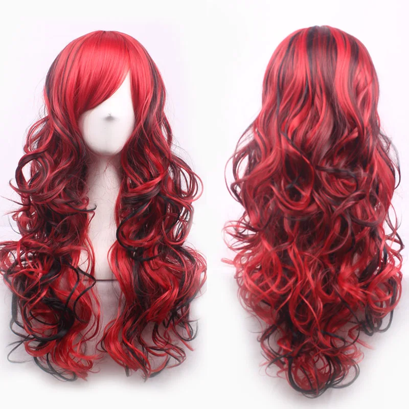 Black red versatile long curly hair large wavy slanted bangs wig