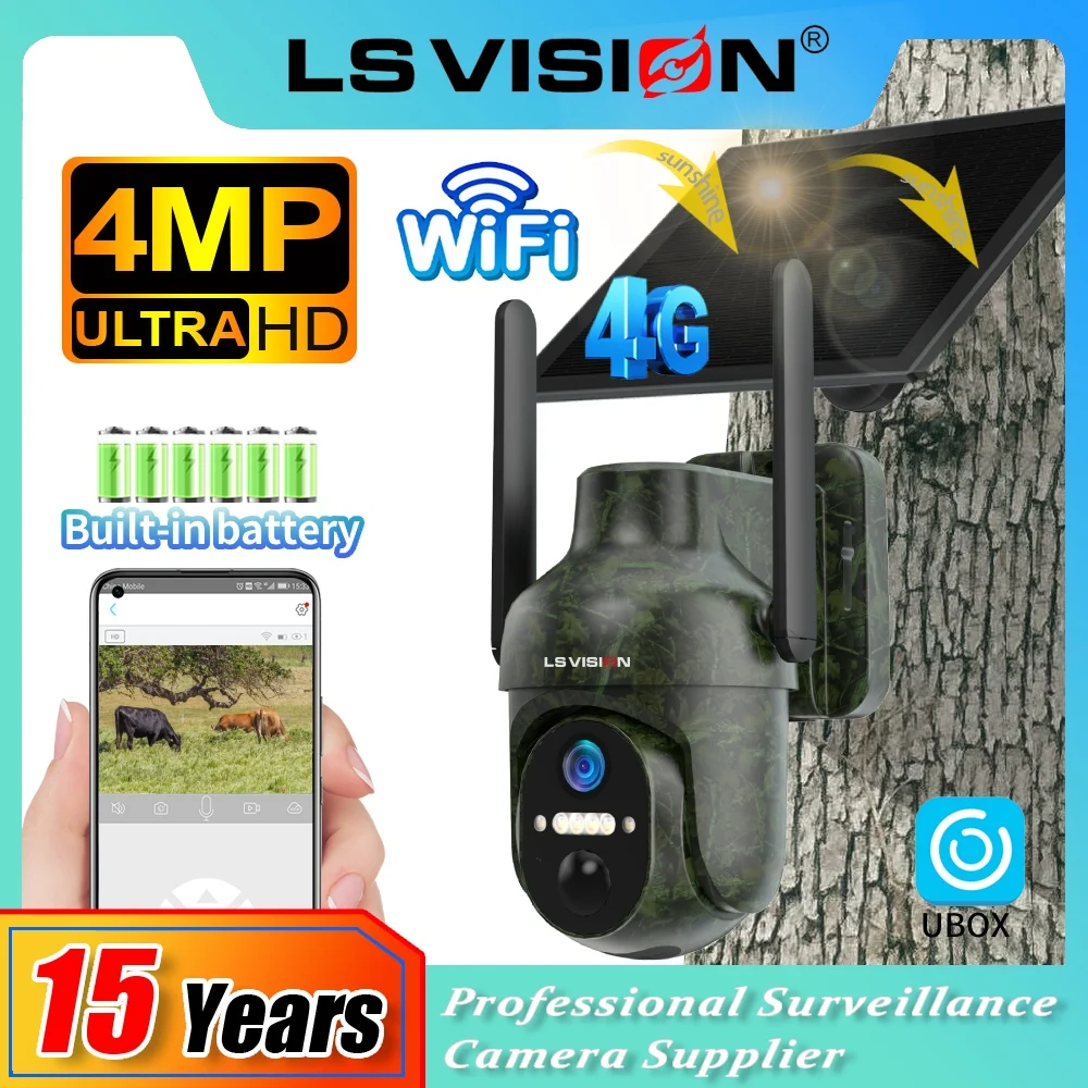 

LS VISION UBOX 4G SIM/Wifi Solar Security Camera Outdoor 4MP Camouflage PTZ Camera 6W Solar Panel Surveillance Hunting Cameras