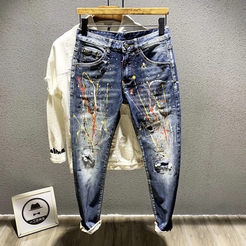 Trousers Star with Print Jeans for Men Stretch Male Cowboy Pants Light Blue Elastic Classic Xs Kpop Cheap Korean Fashion Casual