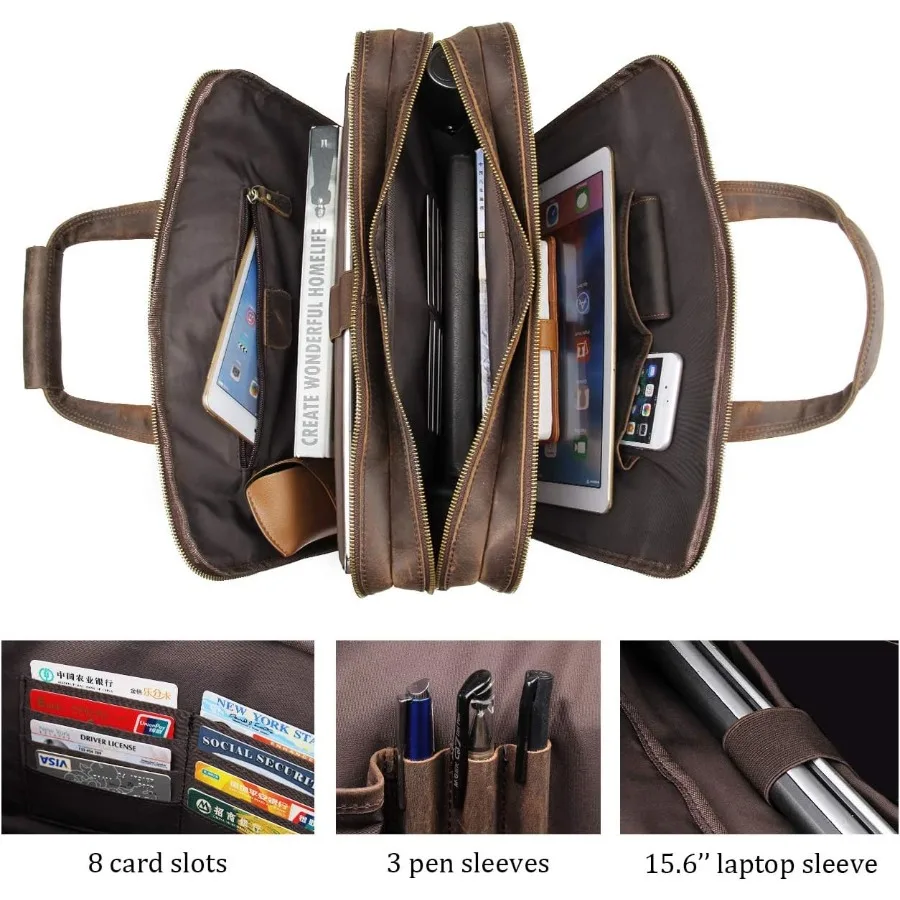 حقيبة أوغوس الجلدية للرجال حقائب سفر للأعمال مقاس 15.6 بوصة حقيبة كمبيوتر محمول YKK بسحاب معدني بني #4