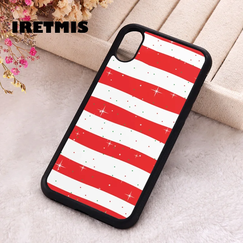 Iretmis Phone Cover Case For iPhone X XS Max XR 11 12 13 PRO MINI 14 15 16 Plus Rubber Silicone Holiday Red Stripes