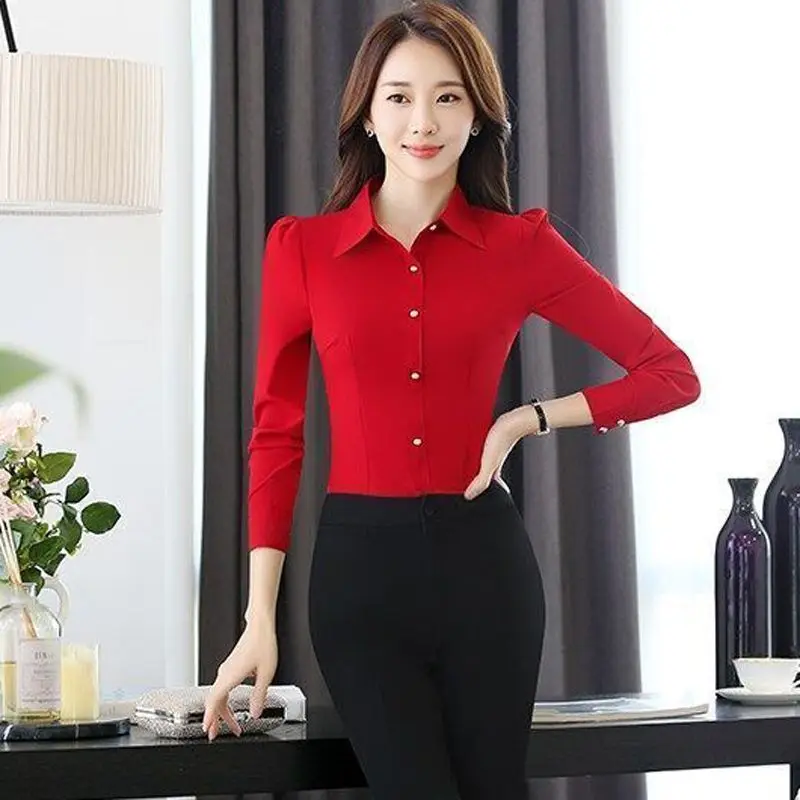 Spring Summer New Slim Solid Simplicity Office Blouse Long Sleeve Polo Neck Basic Shirt Tops Fashion Elegant Women Clothing