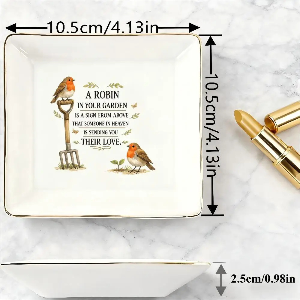 Jewelry Trays Robin Bird Square Ceramic Jewelry Dish, Rustic Watercolor Design with Golden Rim, Decorative Trinket Tray for Ring