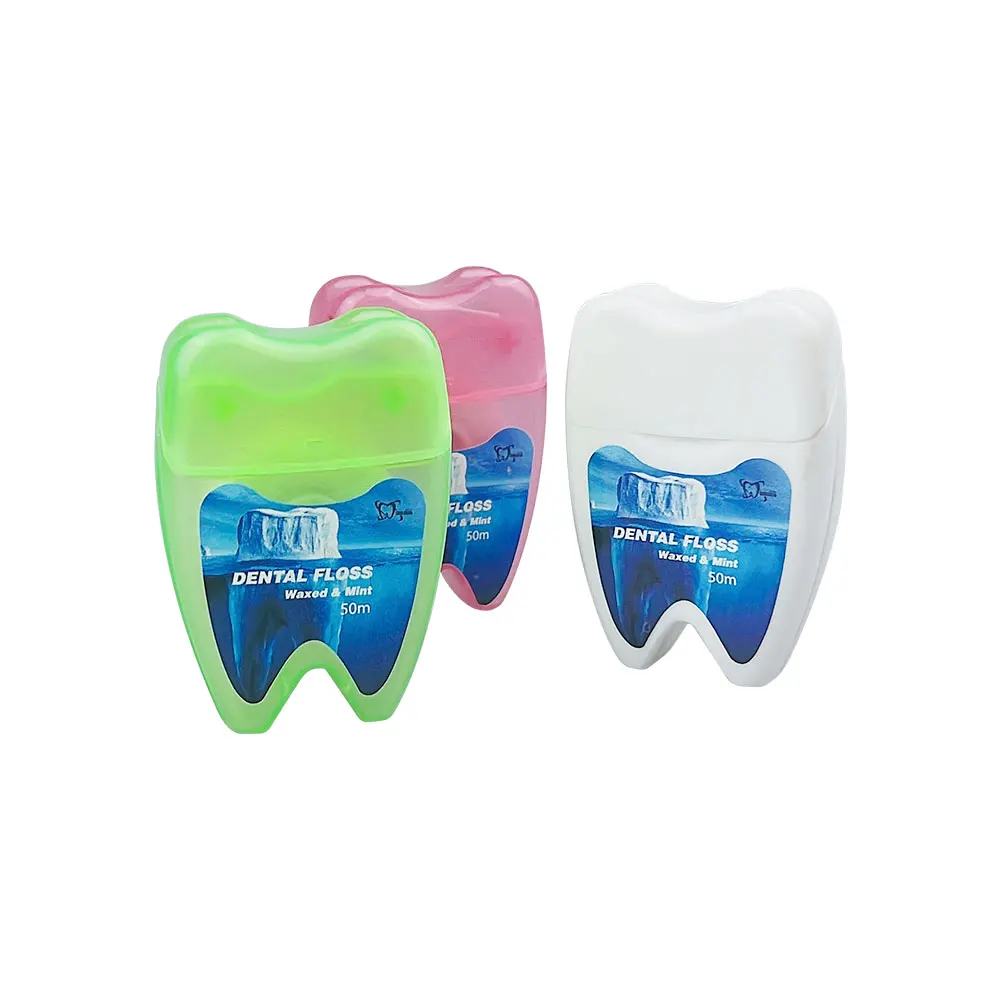 Filo interdentale 50 metri rotolo di filo interdentale pulizia portatile di spazi dentali filo piatto scatola a forma di dente filo interdentale