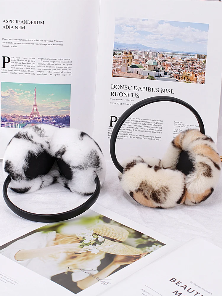 Leopard Print Real Rex Rabbit Fur Earmuffs With Velvet Band Fur Ball and Winter Women's Fashion Earmuffs Fuzzy Headband