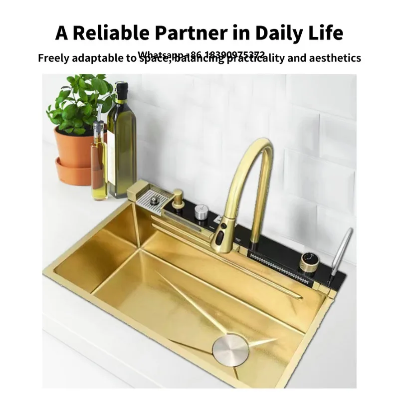 Gold Coated 304 Stainless Steel Nano Surface Kitchen Sink-Large Single Bowl with LCD Display Copper Faucet for Modern Home