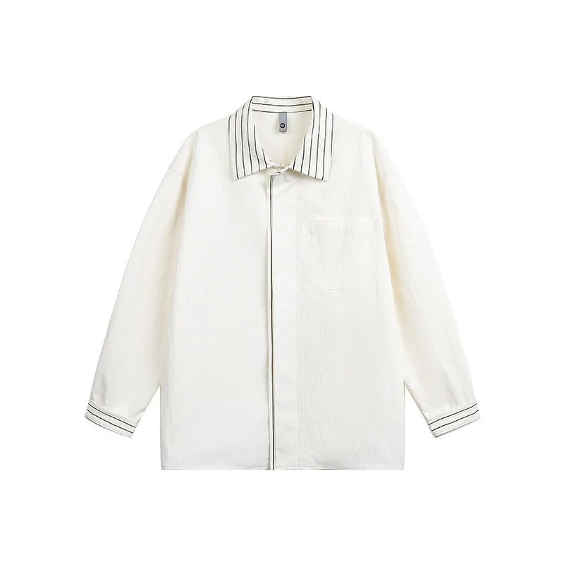 

Oversized Brown Contrast Striped Collar Shirt Men Women Long Sleeve Casual Button Down Blouse Loose Fit Lapel Patch Pocket Top