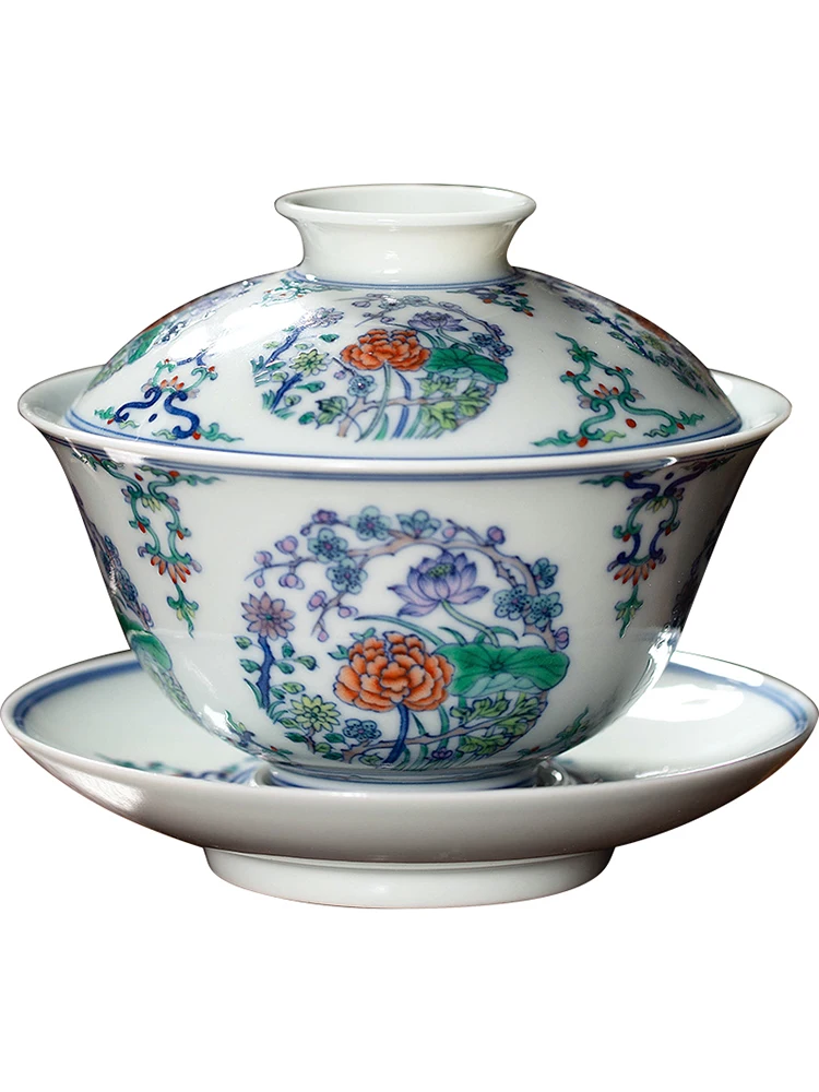 Zhongjia Ceramic Cover Bowl Jingdezhen Blue White Doucai Chai Kiln Hand-painted Four Seasons Tuanhua Sancai Tea Cup And