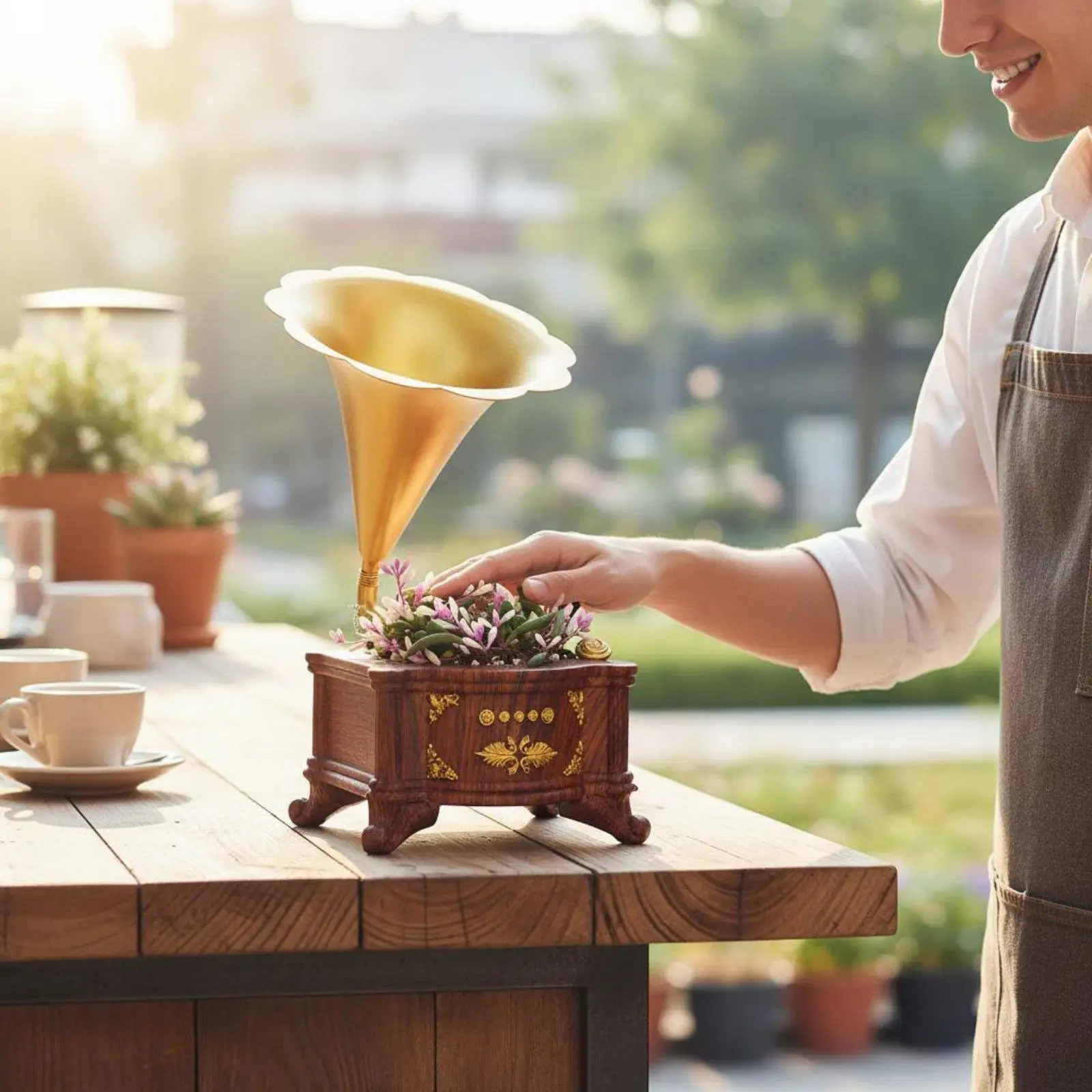 Vintage Phonograph Flower Pot Resin Craft Gramophone Shaped Planter Creative Design Retro Record Player Plant Pot for Garden,