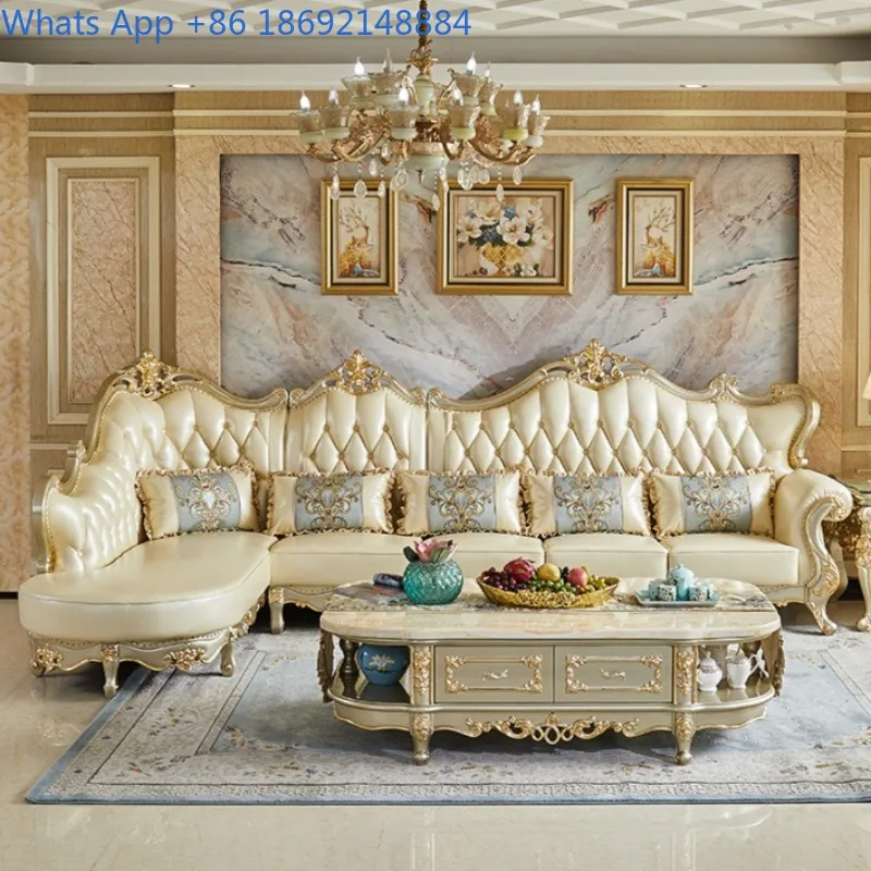 Genuine Leather Corner Sofa Chaise Longue Combination Top Layer Cowhide French Style Solid Wood Carved Living Room Furniture