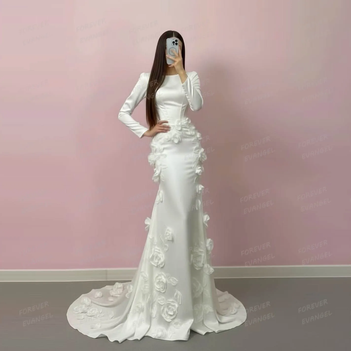 Simple Wedding Dresses Woman Mermaid 3-D Flowers Bride Gowns Satin Formal Long Sleeve Sweep Train Customized Vestidos De Novia