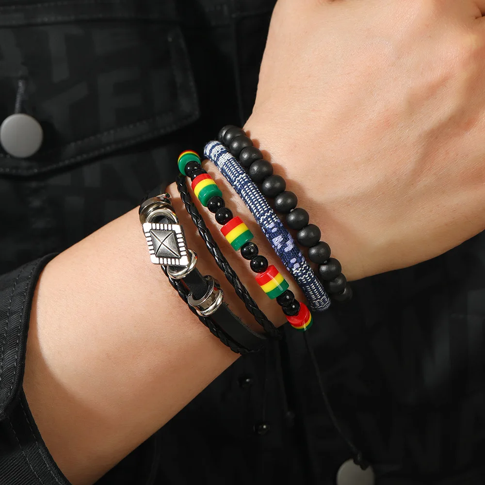 4pcs/set Bohemian Multilayer Leather Bracelets Sets for Women Men Weave Braided Vintage Fashion Jewelry Accessories