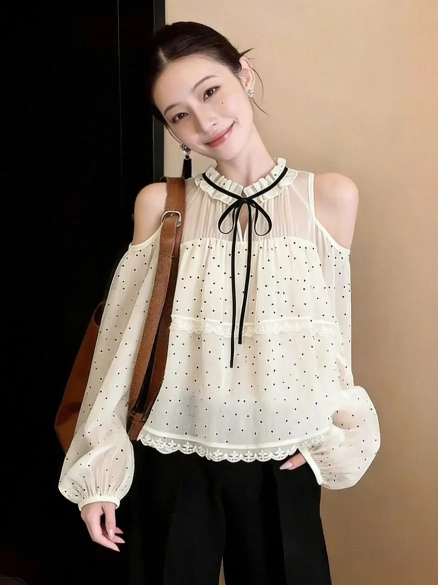 

Chic Shoulder Bared Long Sleeve Polka Dot Shirt Women's Summer Beautiful Outfit Youthful Doll Shirt Sun Protection Top