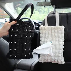 Pretty Girl Pearls Puff Grid Car Tissue Box Auto Seat Headrest Hanging Paper Tower Holder Organizer Car Interior Accessories