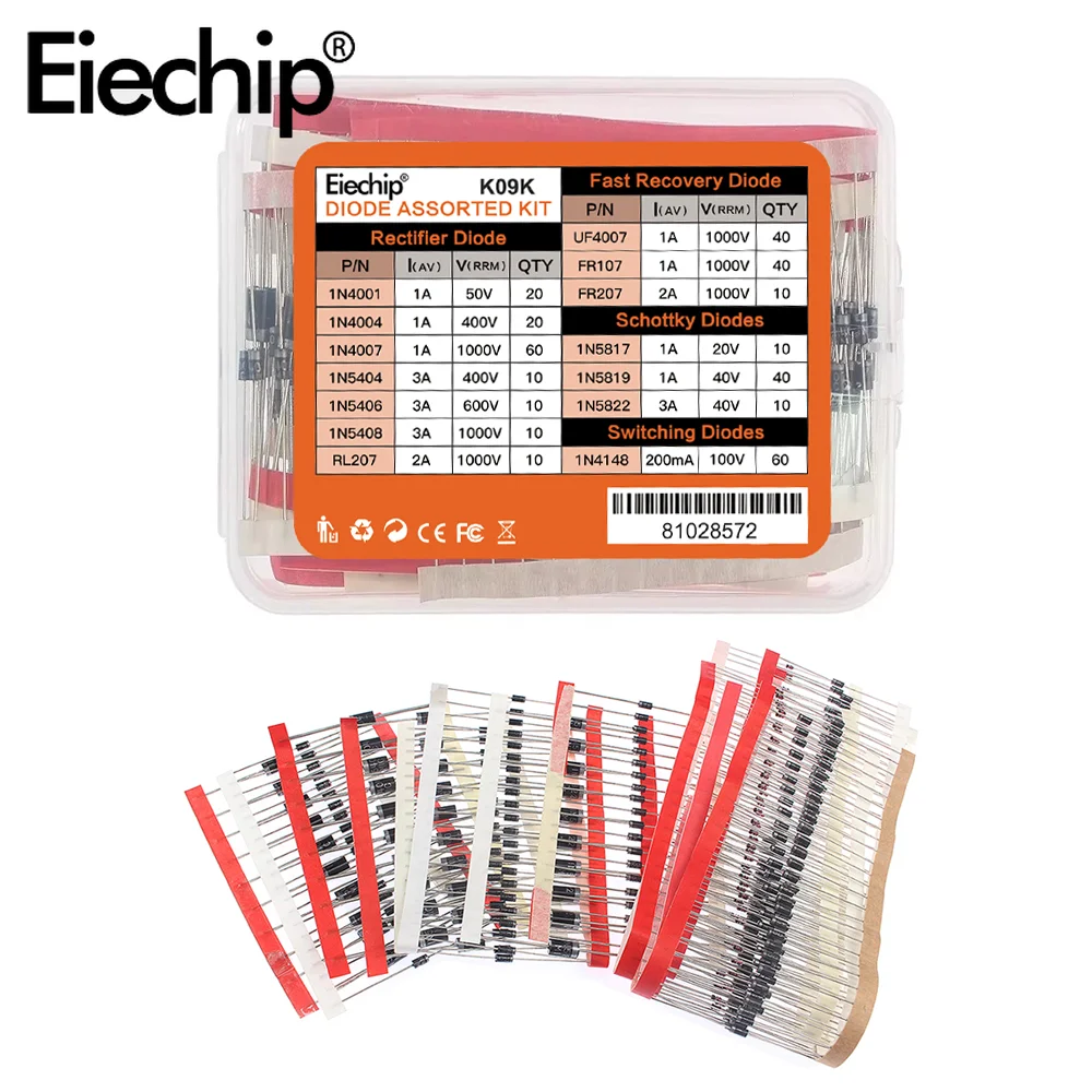 350PCS Diode Assortment Kit 14 Values Rectifier/Fast Recovery/Schottky/Switching Diode,1N4001 1N4007 1N4148 RL207 UF4007 FR107
