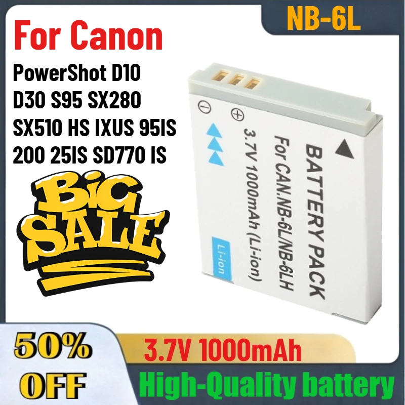 

3.7V 1000mAh NB-6L NB6L Camera Battery For Canon PowerShot D10 D30 S95 SX280 SX510 HS IXUS 95IS 200 25IS SD770 IS Batteries