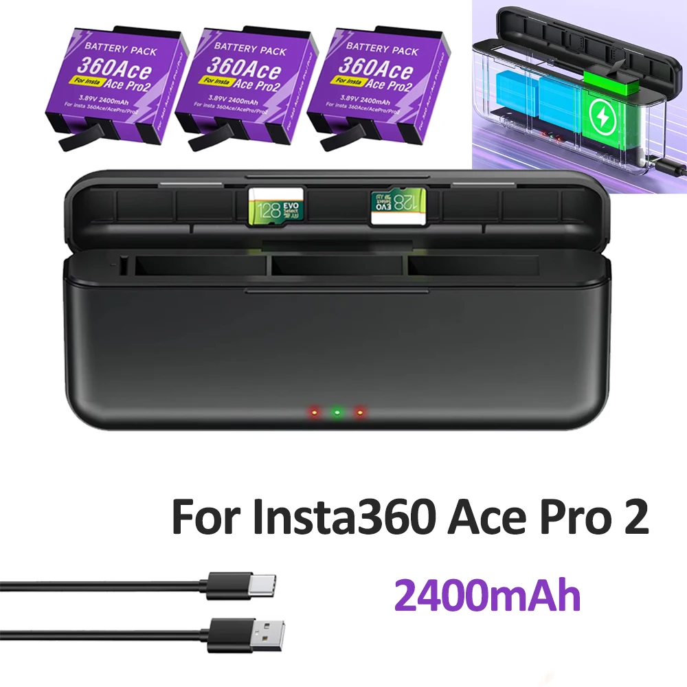 2400mAh Battery for Insta360 Ace Pro 2 Insta360 Ace Pro + 3-Slot LCD Charger for Insta360 Ace Insta 360 Ace Pro 2 Battery Camera