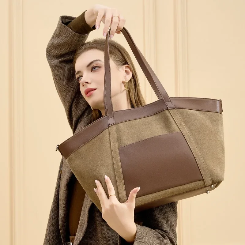 

Новая винтажная замшевая сумка-тоут 2026 года, вместительная ретро-сумка на плечо для женщин, мягкая сумка-тоут для повседневных поездок, цвета хаки/карамель