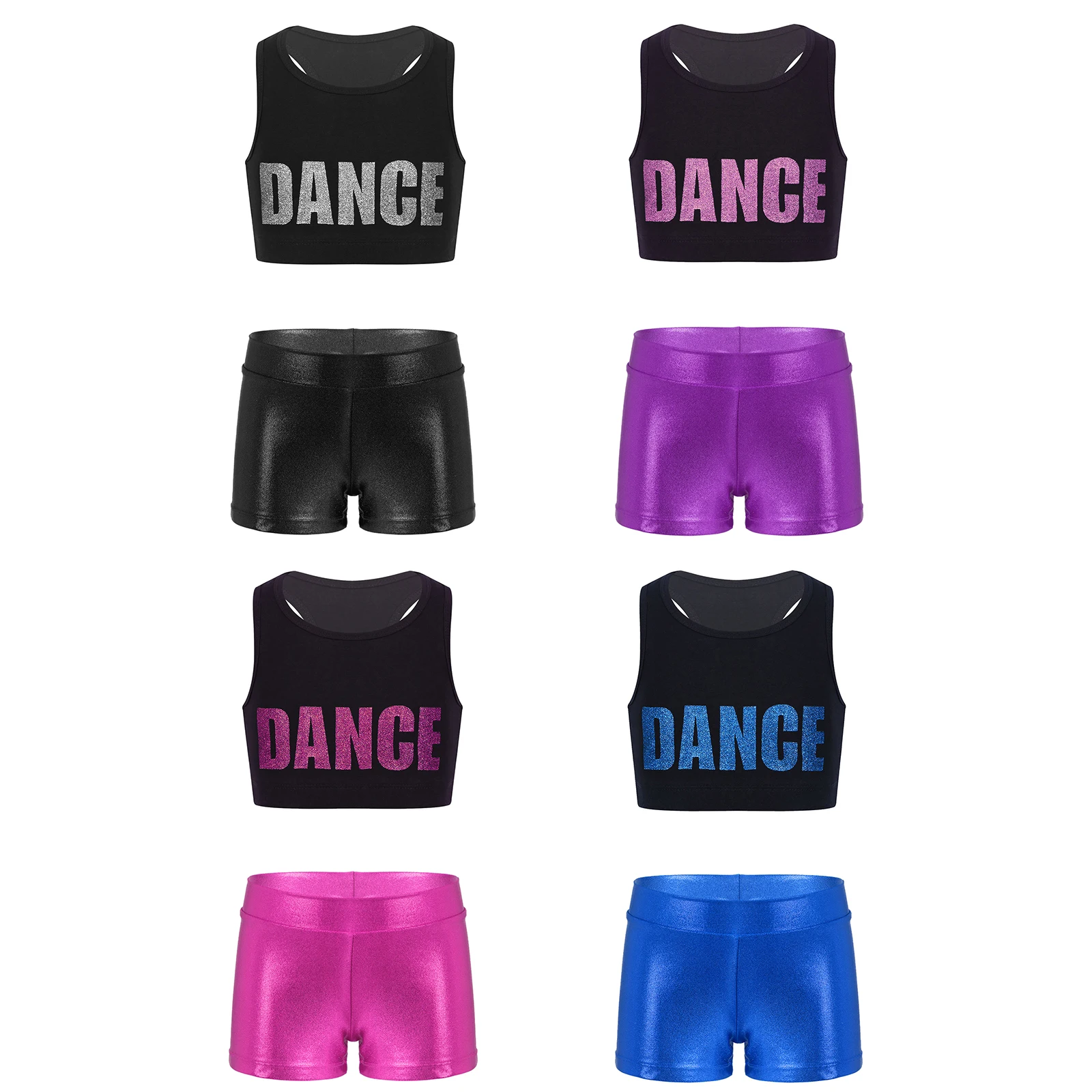 Children Ballet Gymnastics Outfit Girls Shiny Dancewear Kids Sleeveless Racerback Crop Top + Metallic Shorts Jazz Hiphop Costume